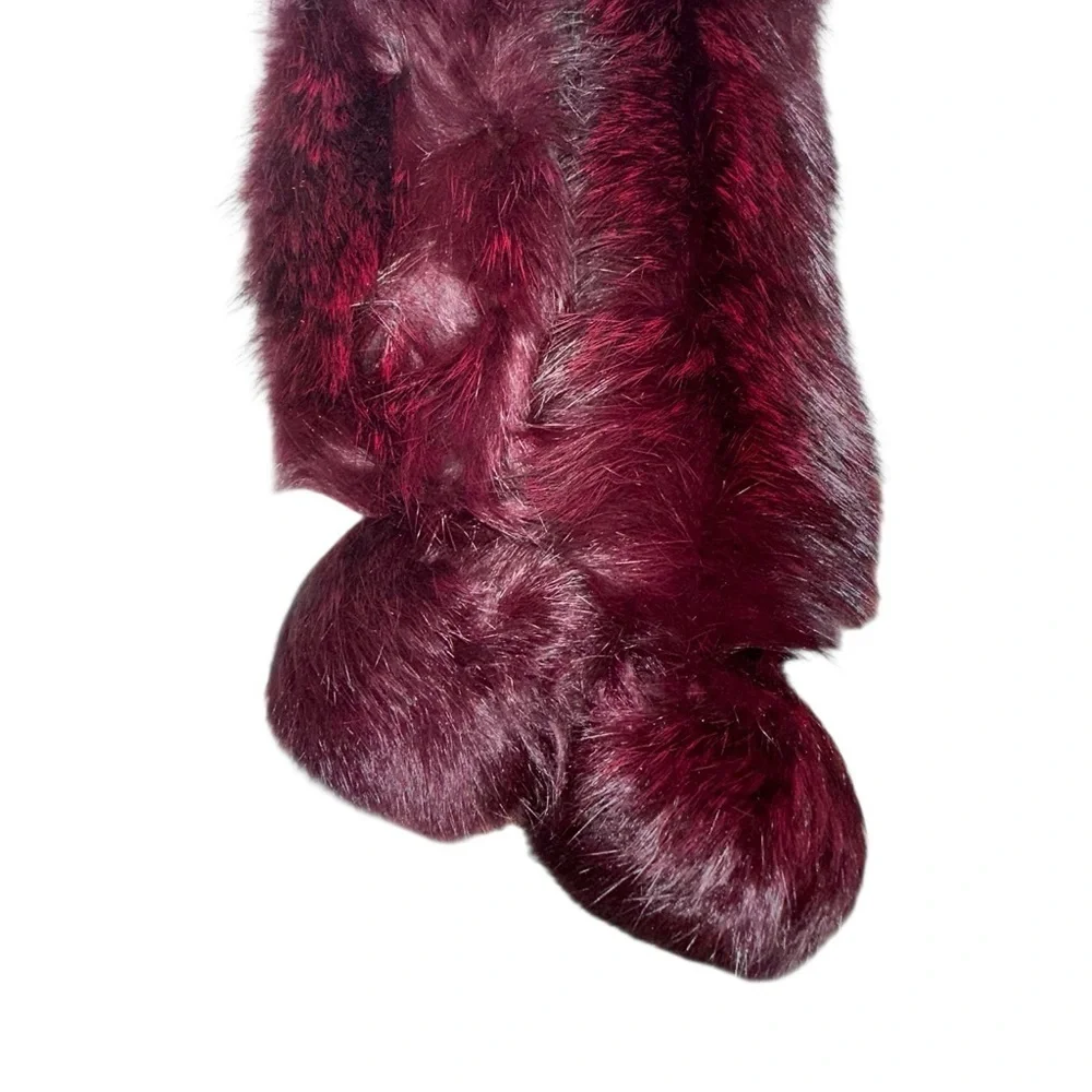 100% REAL FUR Luxurious Knitted Burgundy Wrap Scarf Pom Pom Soft Cozy